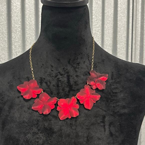 Bold Red Layered Flower Statement Necklace Gold Chain | Glam Floral Jewelry - Picture 10 of 13